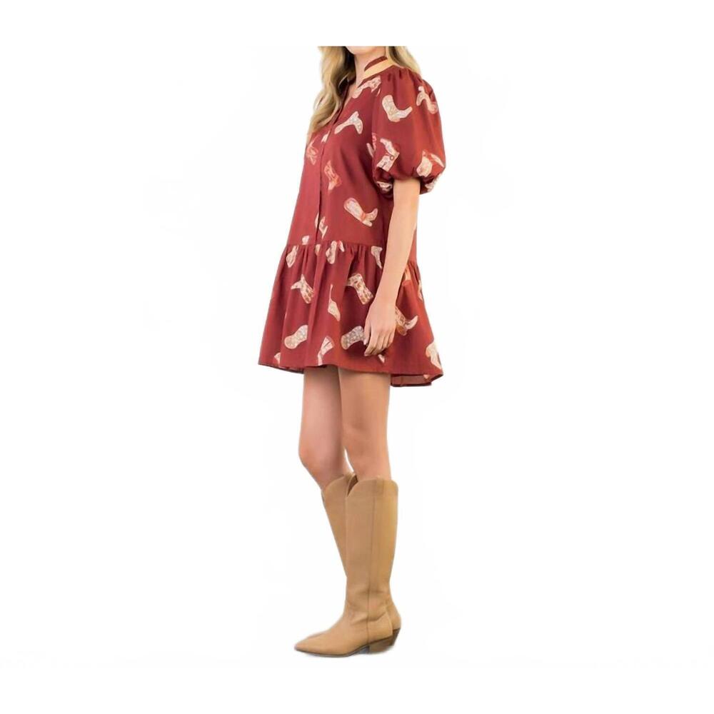NEW THML puff sleeve boots print dress in burgundy - Picture 5 of 5